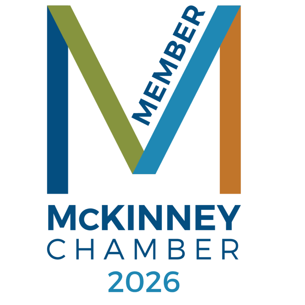 McKinney Chamber 2026 logo featuring a large blue 'V' shape with olive and orange accents and the text 'McKINNEY CHAMBER 2026' beneath.