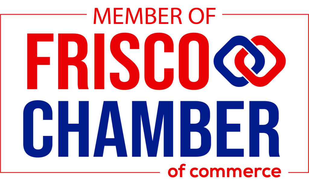Member of Frisco Chamber of Commerce badge: red 'FRISCO' over blue 'CHAMBER' with red 'MEMBER OF' text and interlocking logo.