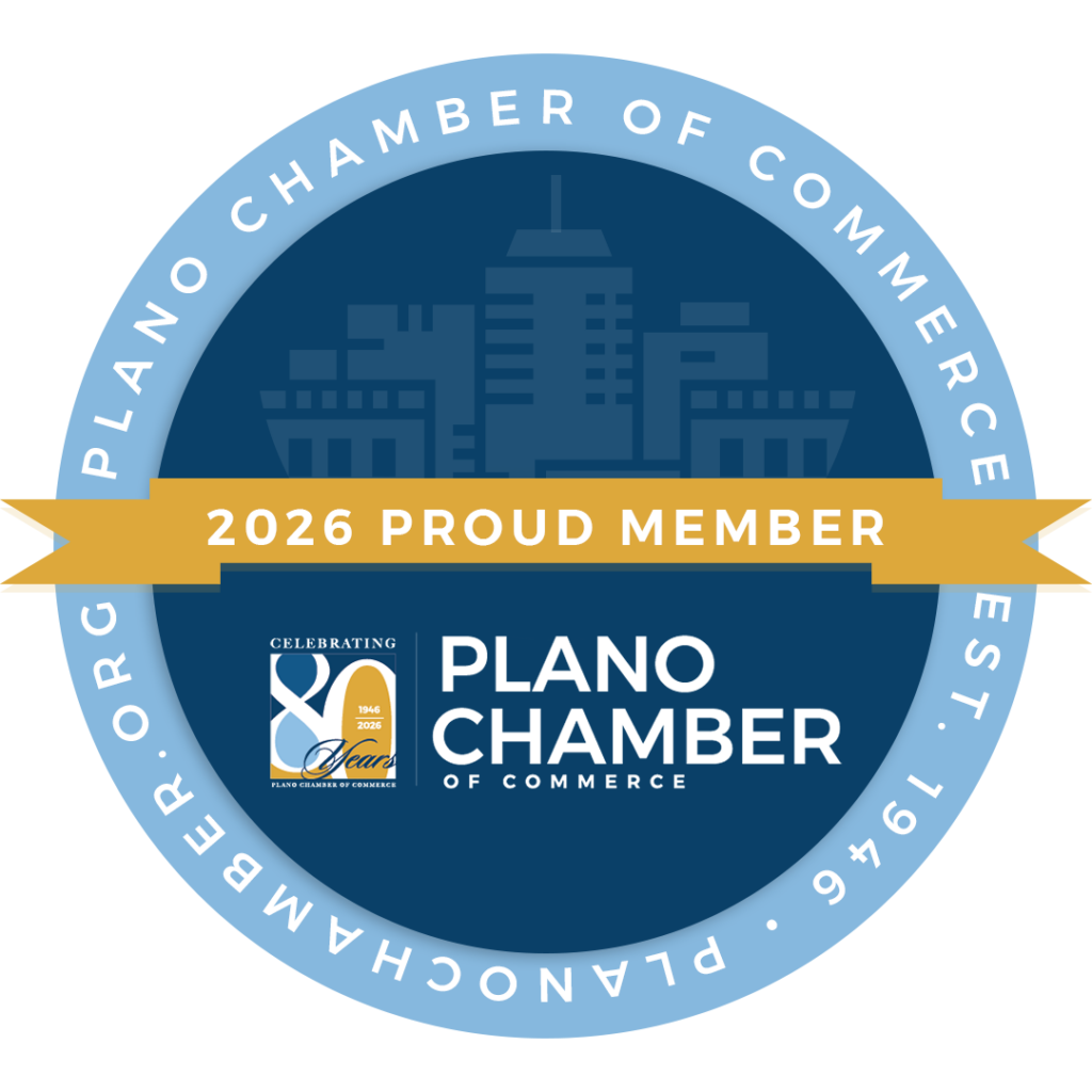Plano Chamber of Commerce badge: circular dark blue emblem with a skyline, a gold ribbon reading 2026 Proud Member, and an outer light-blue ring with the organization name.
