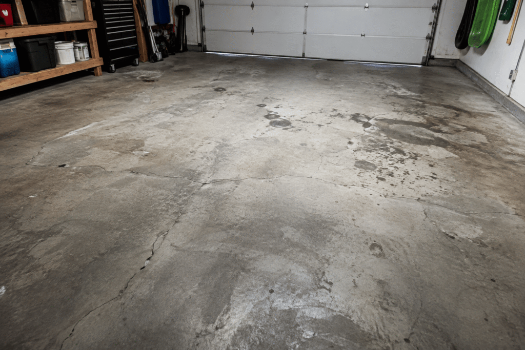 Concrete garage floor with cracks and stains, shelving with containers on the left and a closed white garage door at the back.