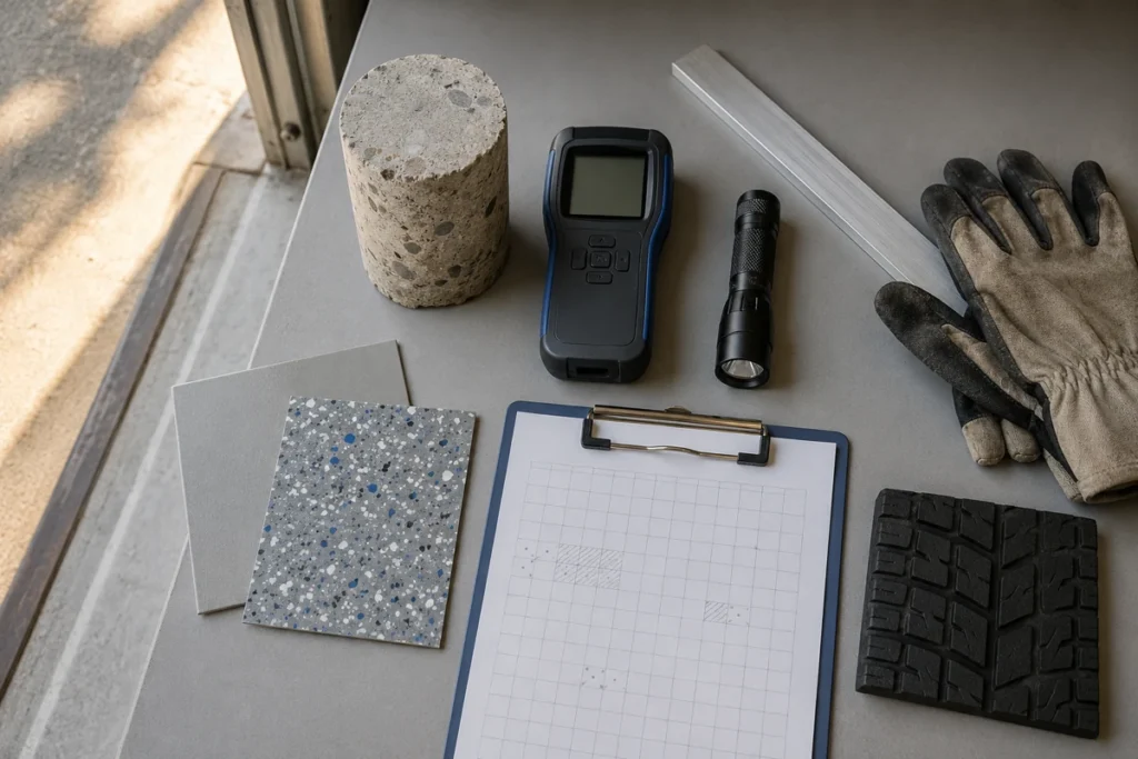 Concrete sample, coating samples, inspection tools, and tire tread on a workbench
