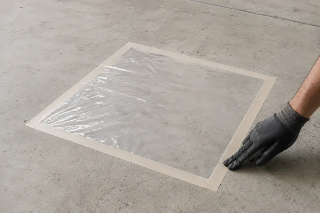 Plastic sheet moisture test being placed on bare concrete before a floor coating is applied
