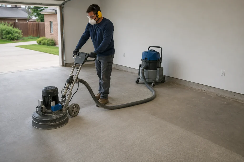 Worker using a floor grinder with dust extraction on a garage slab