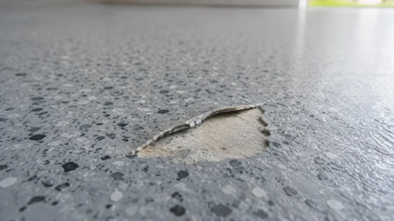 Close-up of a garage floor coating peeling and bubbling at the edge, illustrating why garage floor coating peels