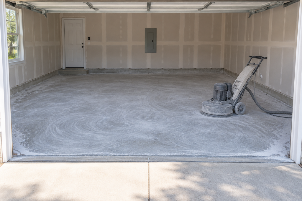 Bare concrete garage floor mid-preparation with a diamond-ground surface before a coating is applied