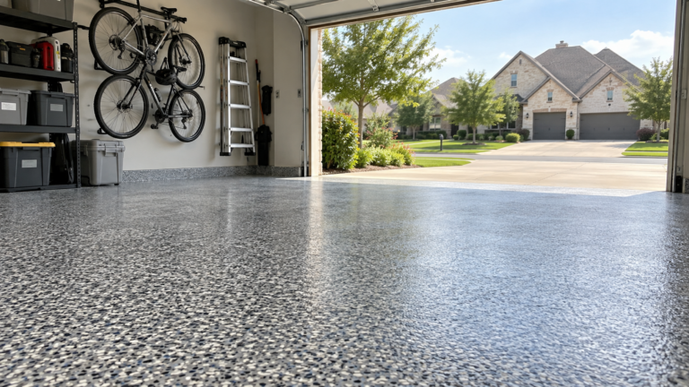 Finished flake floor coating in a McKinney, TX garage with full flake broadcast