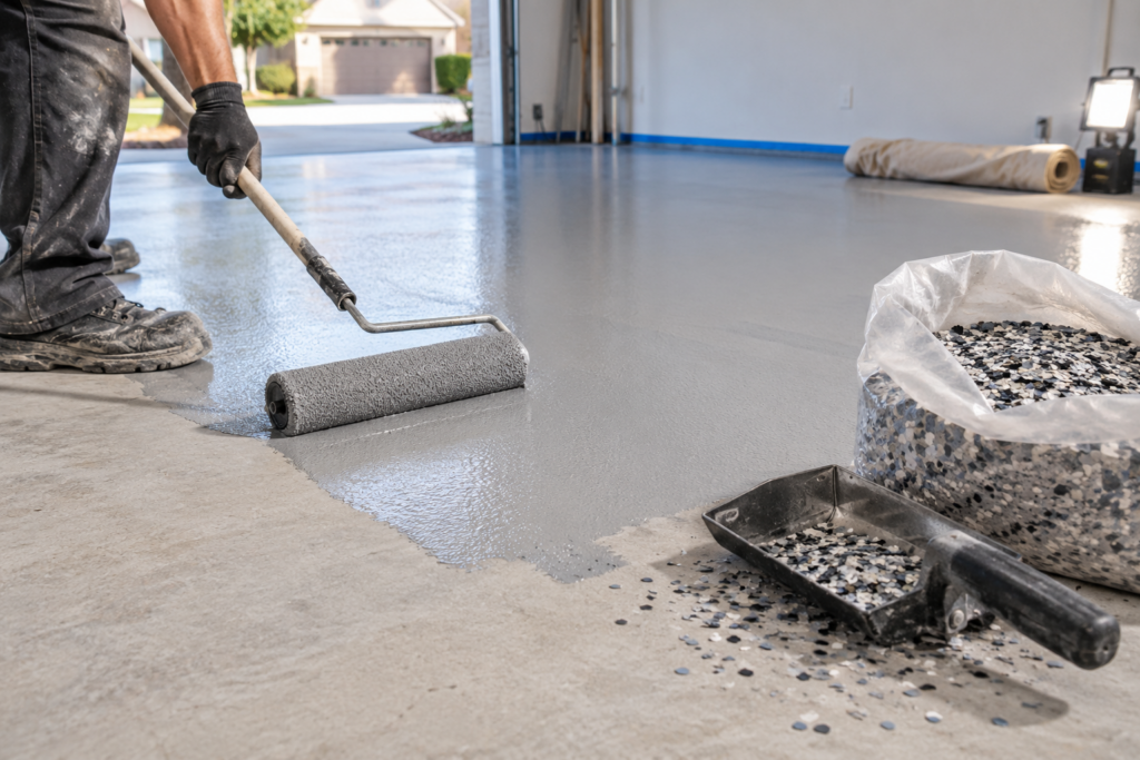 Contractor applying base coat and broadcasting flake during a floor coating installation