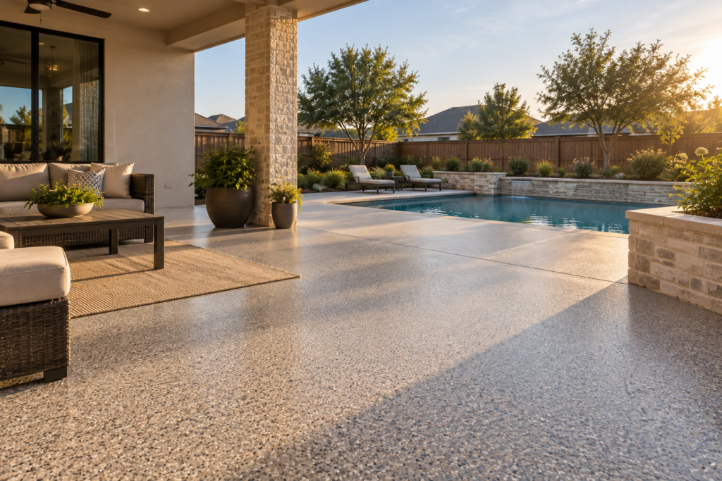 Flake floor coating on a covered patio next to a McKinney, TX backyard pool