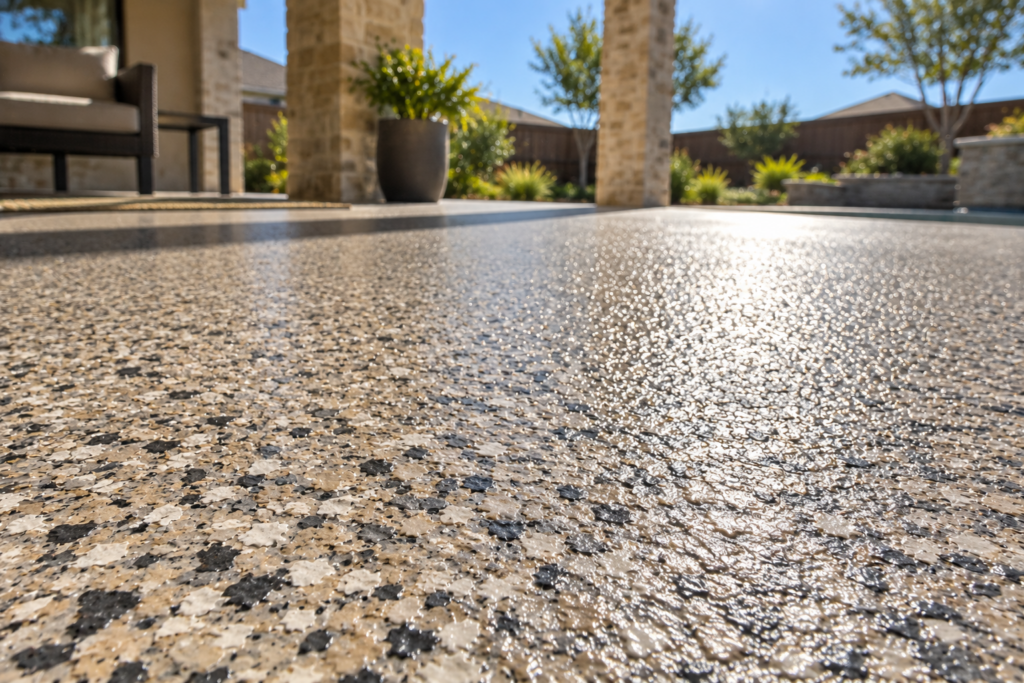 Textured flake floor topcoat finish in direct sunlight on a Texas patio