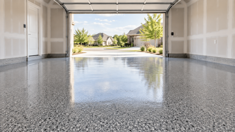 Finished garage floor with a gray and charcoal flake coating, illustrating how long a garage floor coating lasts