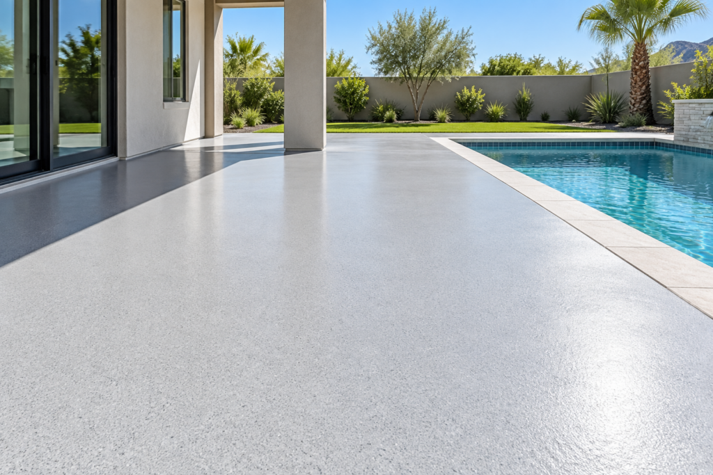 Finished outdoor patio floor coating in direct sunlight beside a backyard pool